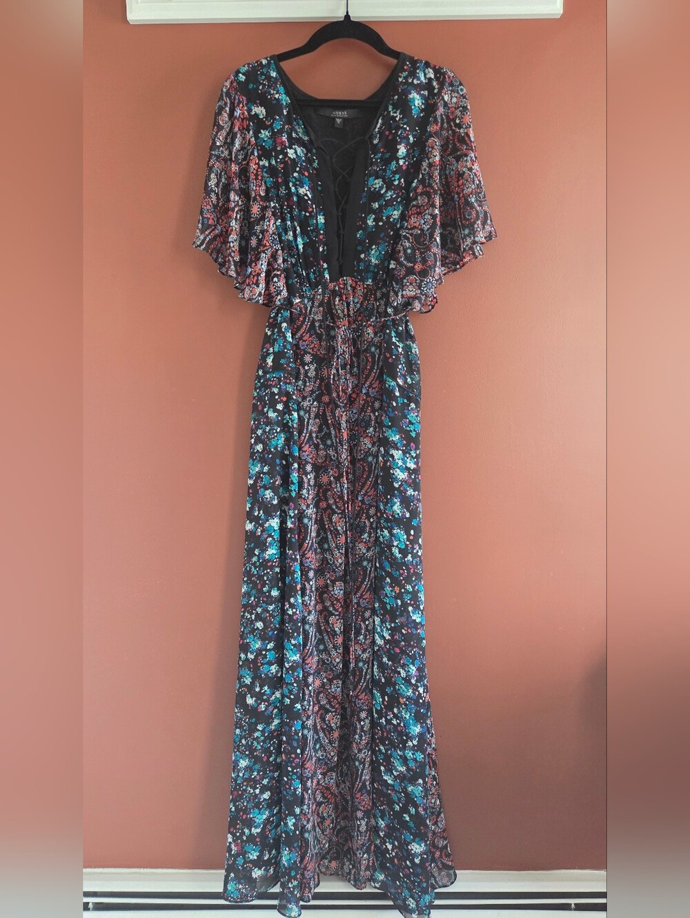 Vintage GUESS Floral Boho Maxi Dress | Flutter Sleeve | Tie Neck | XS
